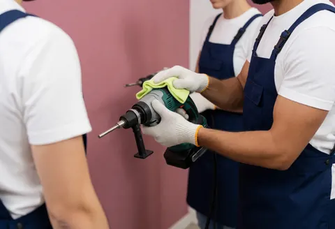 Un technicien en tablier bleu et gants blancs nettoie un outil électrique contre un mur rose, illustrant un service de réparation en cours.