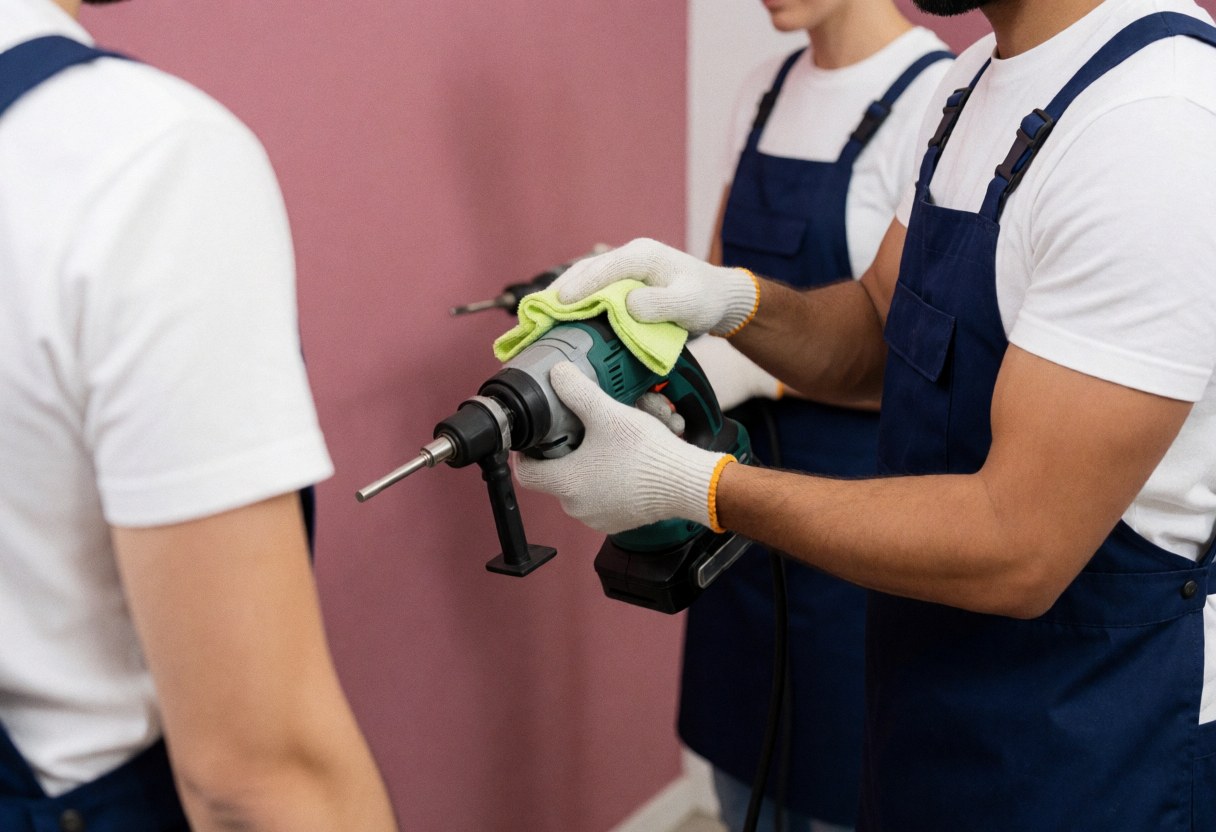 Un technicien en tablier bleu et gants blancs nettoie un outil électrique contre un mur rose, illustrant un service de réparation en cours.