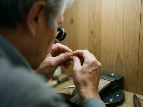Une main tenant une loupe inspecte un fermoir en or sur une table en bois avec des outils et un mur en bois naturel.