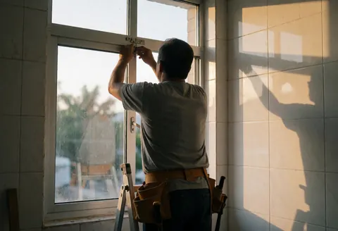 Un homme ajuste le mécanisme d'une fenêtre en aluminium avec des outils dans une pièce aux murs carrelés baignée de lumière du soir.