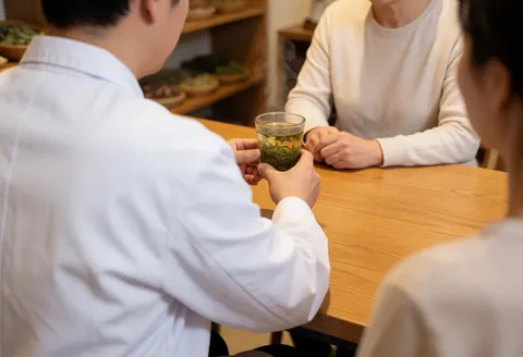 Un acupuncteur en blouse blanche offre une tasse de thé aux feuilles vertes à un client assis à une table en bois, avec des étagères d'herbes en arrière-plan.