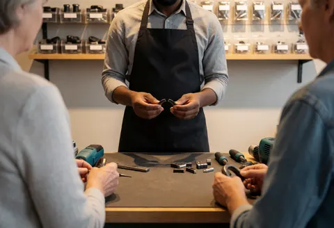 Un technicien en tablier présente des composants de rechange à deux clients dans un magasin d'outils, avec des étagères et des outils sur le comptoir.
