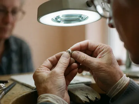 Les mains d'un joaillier vérifient minutieusement la tige d'une boucle d'oreille polie à l'aide d'une loupe dans un atelier.