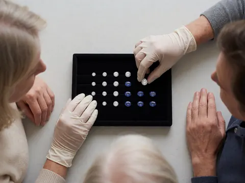 Des mains portant des gants ajustent des pierres précieuses sur un plateau noir posé sur une table blanche, tandis que des clients observent attentivement le travail de joaillerie.