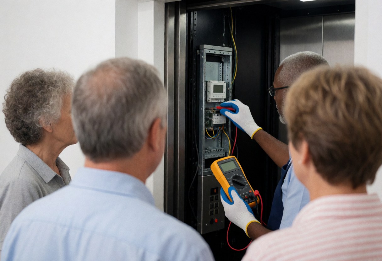 Technicien en gants examine le panneau de contrôle d'ascenseur avec un multimètre. Trois personnes observent la prestation de service dans un intérieur aux murs blancs.