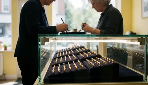 Deux artisans joailliers réparent des bagues en or dans une vitrine éclairée par des LED, avec des murs jaunes clairs en arrière-plan.