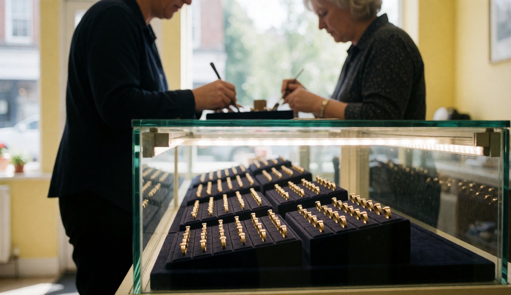 Deux artisans joailliers réparent des bagues en or dans une vitrine éclairée par des LED, avec des murs jaunes clairs en arrière-plan.