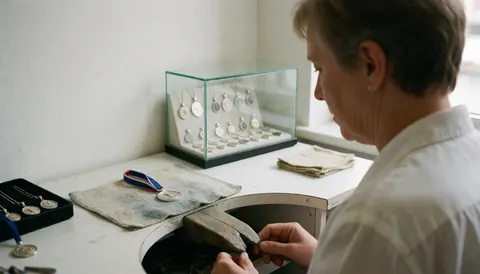 Un joaillier professionnel polissant une médaille dans son atelier, entouré d'une boîte à bijoux et d'outils sur fond blanc.