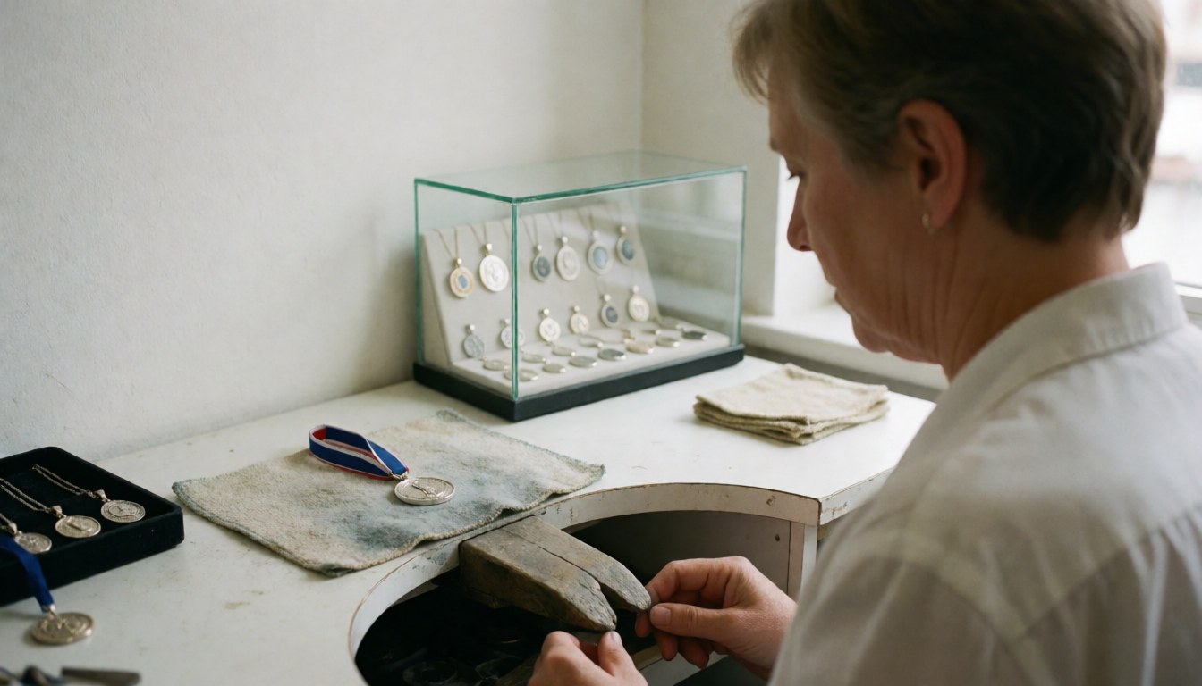 Un joaillier professionnel polissant une médaille dans son atelier, entouré d'une boîte à bijoux et d'outils sur fond blanc.