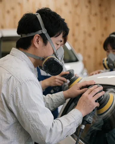 Un professionnel portant un masque de protection polisse un panneau de voiture dans un atelier aux murs en bois, illustrant un service automobile réaliste.
