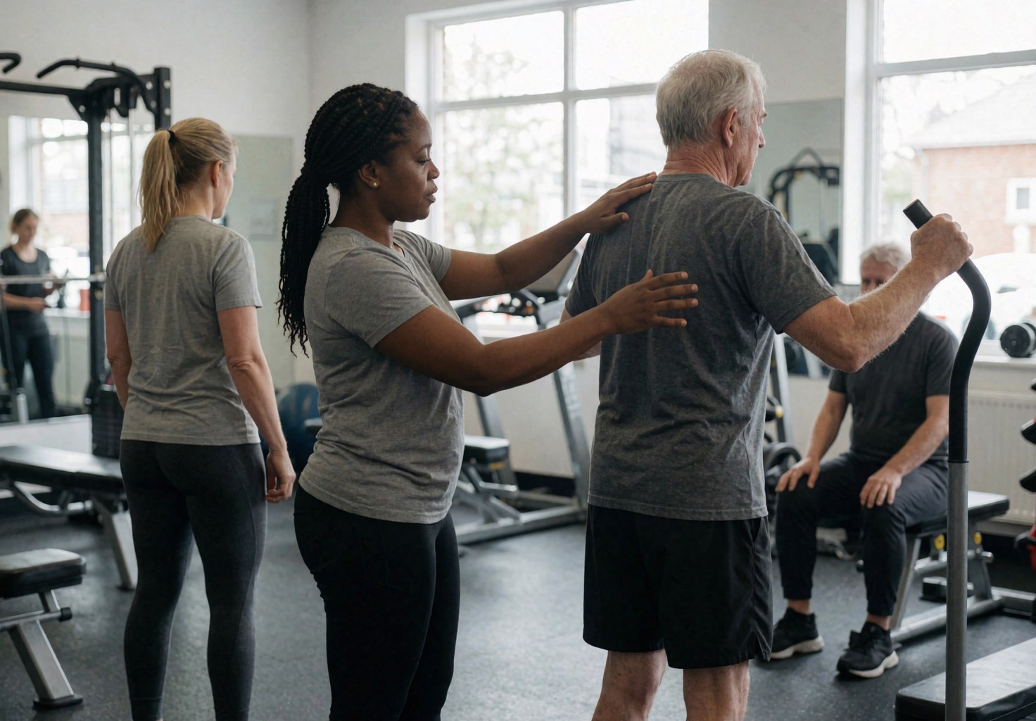 Une entraîneuse ajuste la posture d'un client âgé dans un gymnastique professionnel avec équipement visible et éclairage naturel.