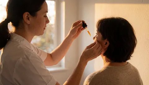 Une thérapeute applique un sérum à la vitamine C sur le visage d'une cliente dans une clinique de beauté éclairée par la lumière du coucher de soleil.