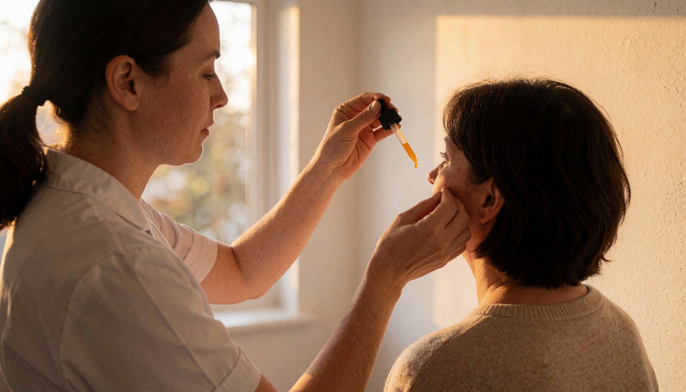 Une thérapeute applique un sérum à la vitamine C sur le visage d'une cliente dans une clinique de beauté éclairée par la lumière du coucher de soleil.