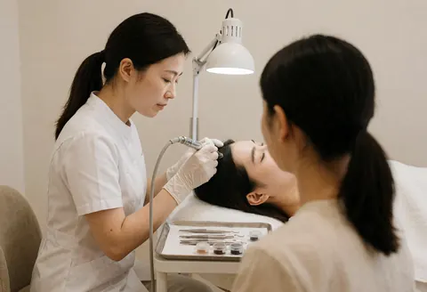 Spécialiste appliquant un laminage des sourcils sur une cliente les yeux fermés dans un studio minimaliste avec éclairage ciblé et plateau d'outils stériles.