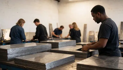 Un ouvrier manipule des plaques d'acier avec des outils dans un atelier de découpe, sur fond blanc et éclairage chaud.