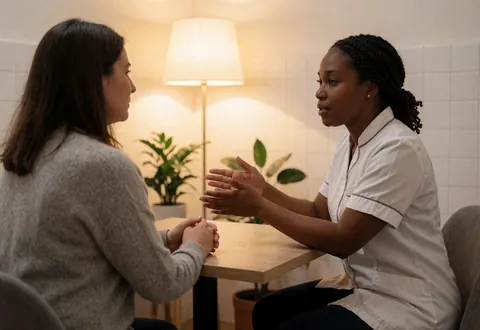 Une thérapeute en uniforme blanc explique à un client assis face à elle sur une table en bois dans un intérieur calme.