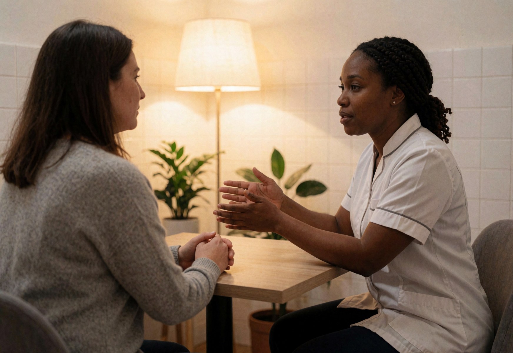 Une thérapeute en uniforme blanc explique à un client assis face à elle sur une table en bois dans un intérieur calme.