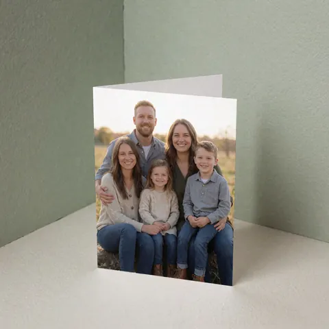 Carte de vœux avec photo de famille assise dans un champ, fond de mur vert sauge, éclairage doux et diffus, idéal pour photographe de portraits.