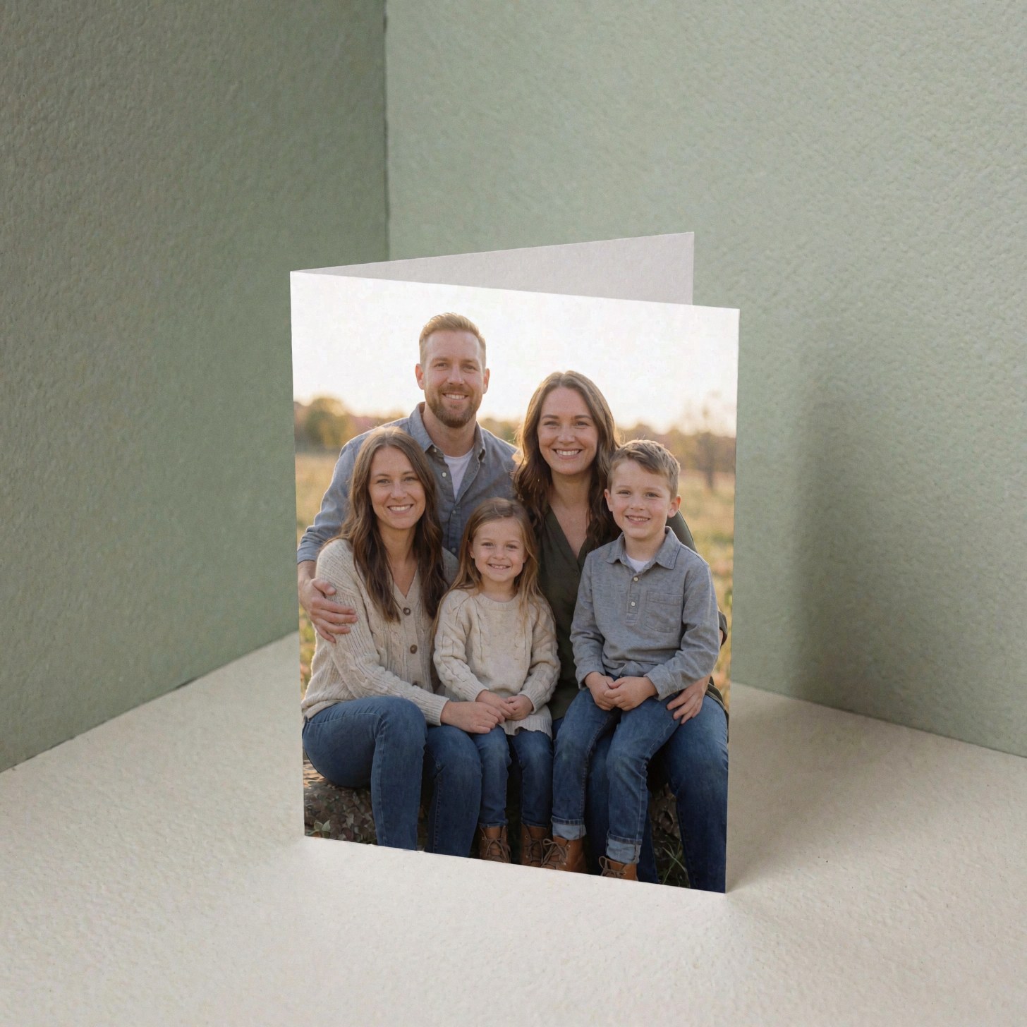 Carte de vœux avec photo de famille assise dans un champ, fond de mur vert sauge, éclairage doux et diffus, idéal pour photographe de portraits.