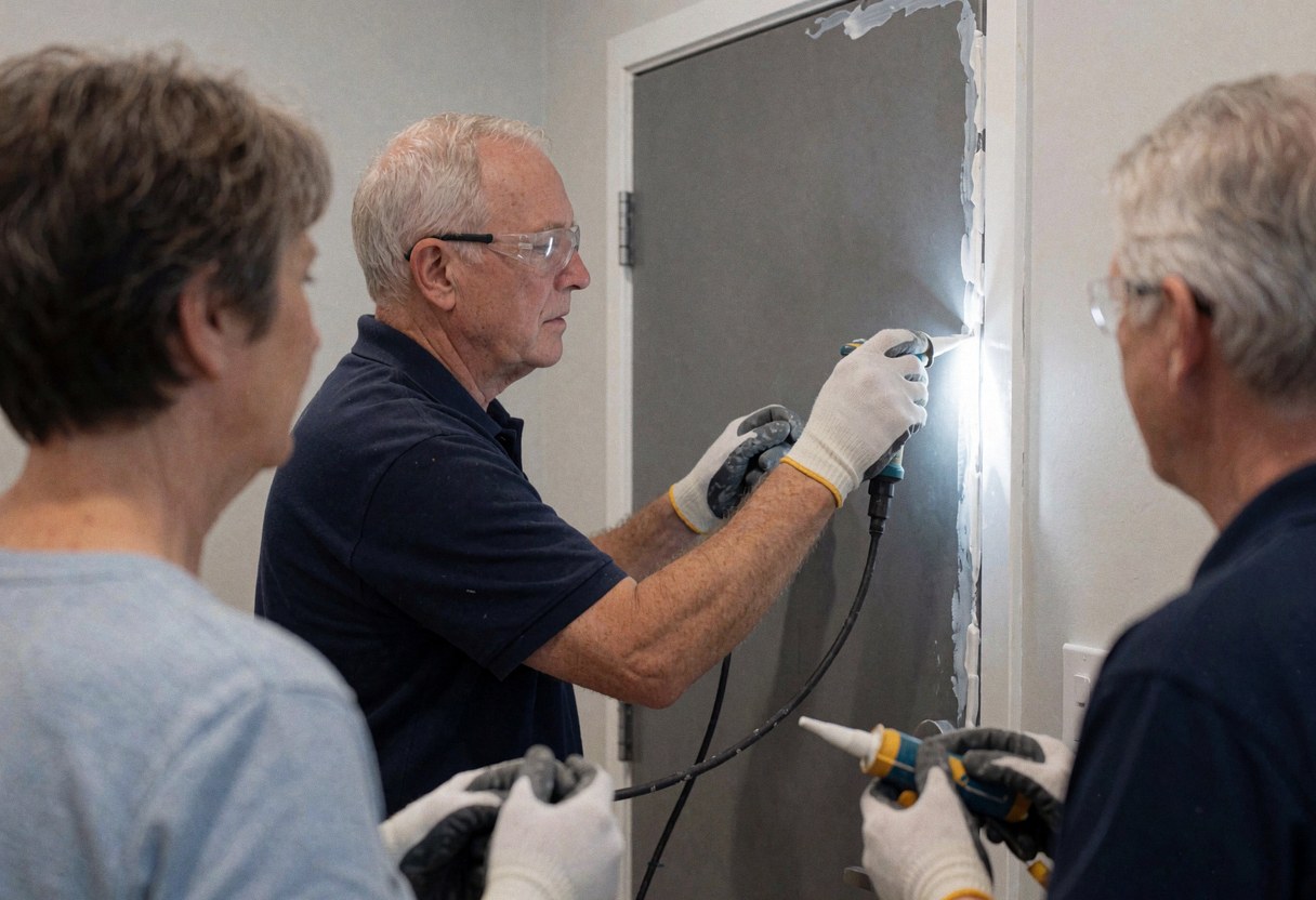 Un ouvrier applique un joint blanc sur un cadre de porte en acier gris sous l'éclairage d'une lampe de chantier, tandis que deux collègues observent la procédure.