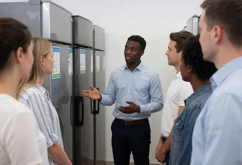 Un vendeur explique les caractéristiques et les étiquettes énergétiques de réfrigérateurs commerciaux blancs à un client dans un magasin d'appareils électroménagers.