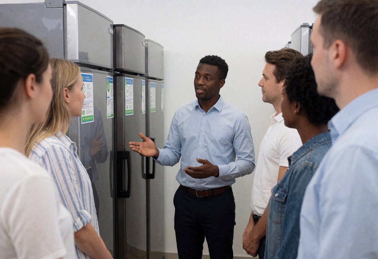 Un vendeur explique les caractéristiques et les étiquettes énergétiques de réfrigérateurs commerciaux blancs à un client dans un magasin d'appareils électroménagers.