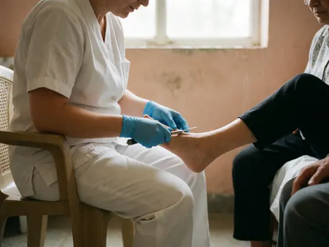 Mains du professionnel avec des gants bleus utilisant des ciseaux pour couper les ongles d'un patient dans un centre de santé avec un mur de terre cuite et une lumière naturelle.