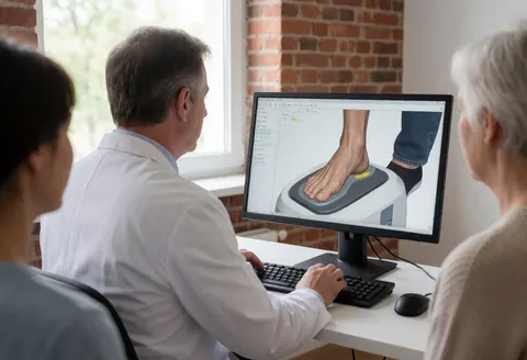 Podologue en blouse blanche examine l'image d'un scanner de pied sur un écran, avec des clients observant dans une clinique au mur de briques.