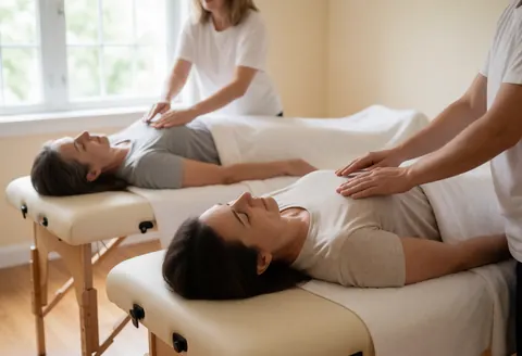 Thérapeutes effectuant un traitement Reiki sur des clients allongés dans un cadre lumineux et apaisant.