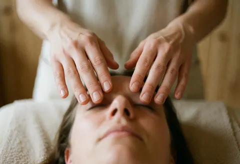 Des mains posées sur le front d'une personne lors d'une séance de reiki dans une pièce aux murs en bois clair et à la lumière naturelle douce.