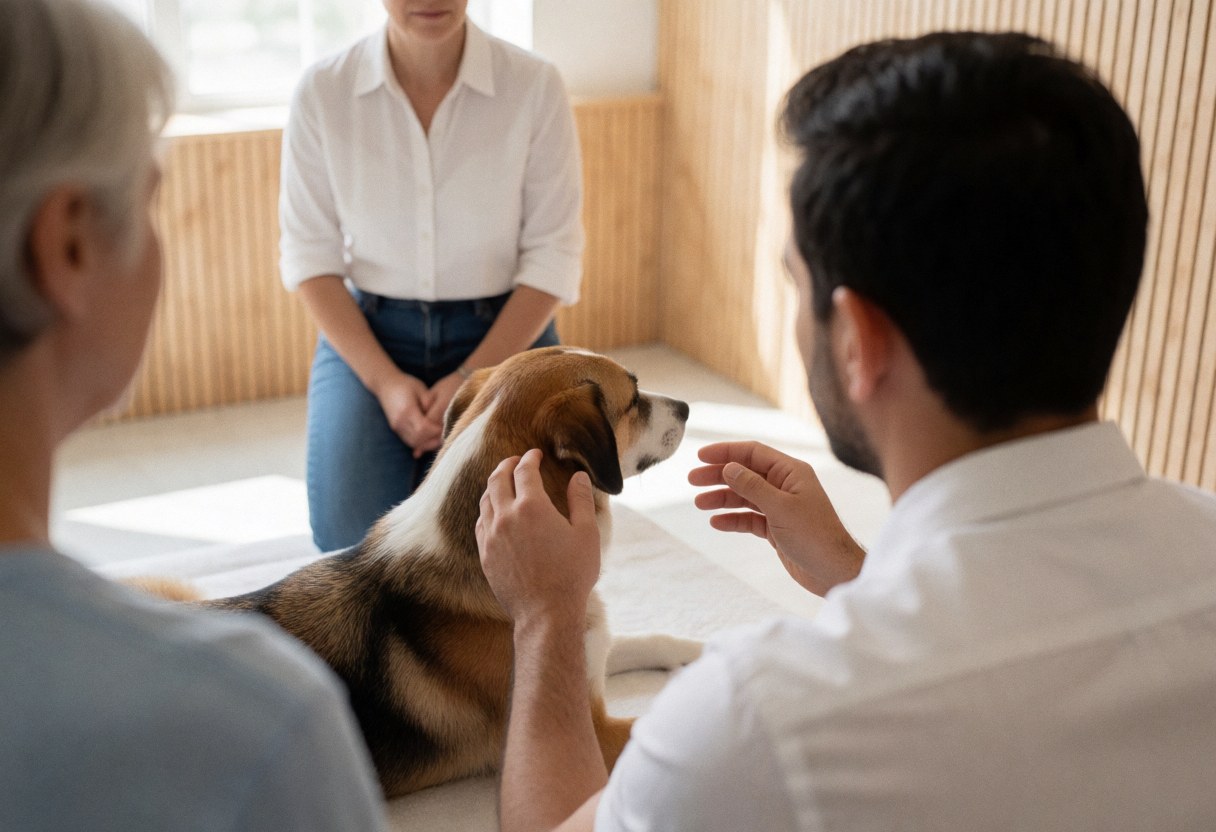 Un professionnel réalise une séance de reiki avec un chien dans une pièce aux murs en bois clair et à la lumière naturelle, tandis que d'autres personnes observent.