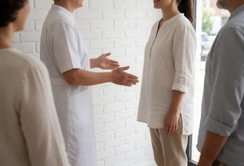 Un praticien Reiki accueille une cliente dans un centre de bien-être aux murs blancs avec lumière naturelle.