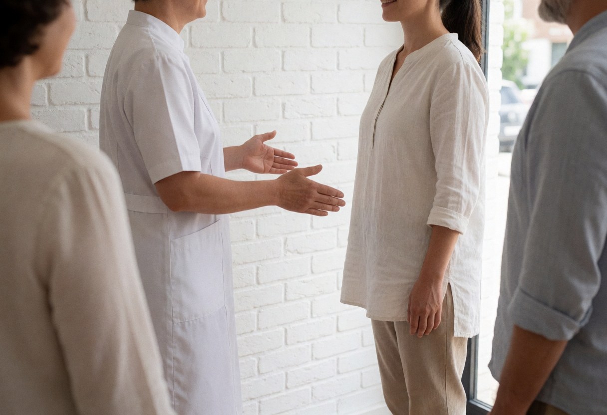 Un praticien Reiki accueille une cliente dans un centre de bien-être aux murs blancs avec lumière naturelle.