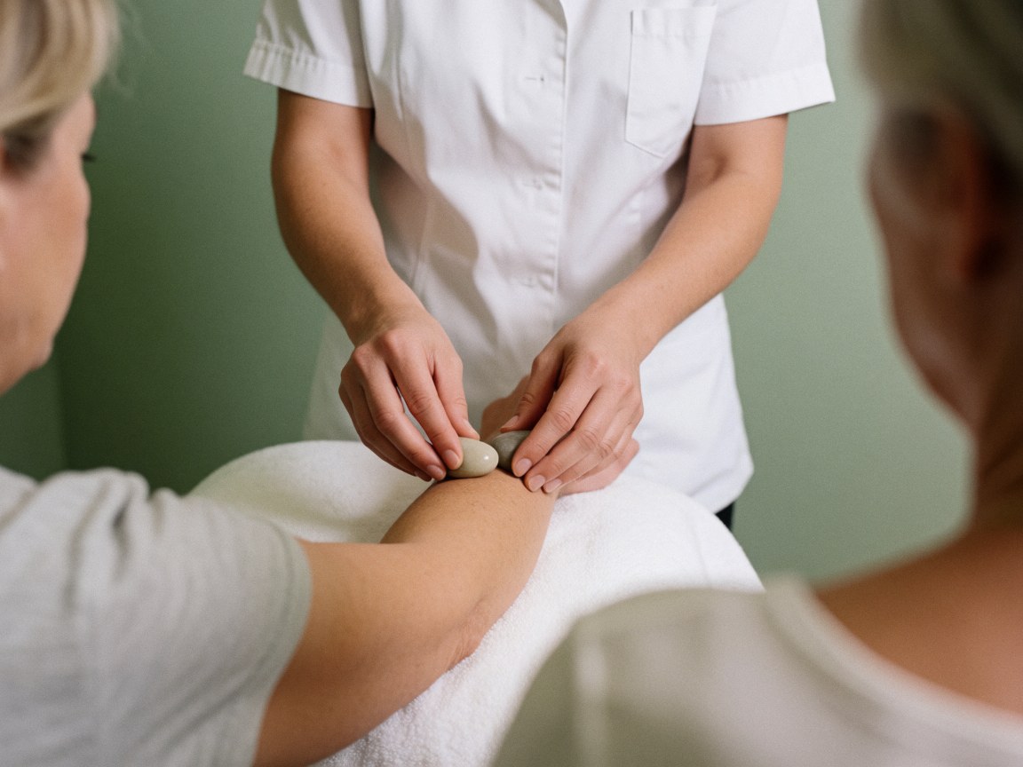 Praticien place des pierres chaudes sur le bras d'un client recouvert d'une serviette, fond vert sauge et lumière douce pour un massage relaxant.