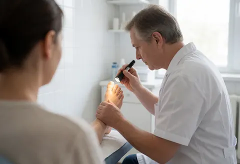 Un podologue effectue un examen d'un pied de patient à l'aide d'une lampe dans une clinique aux murs carrelés blancs.