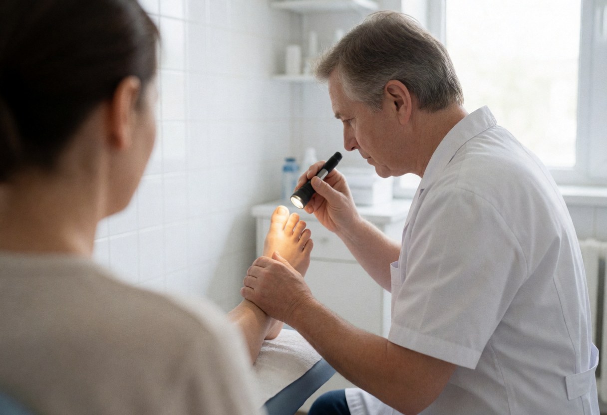 Un podologue effectue un examen d'un pied de patient à l'aide d'une lampe dans une clinique aux murs carrelés blancs.