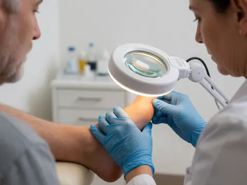 Un podologue portant des gants bleus examine attentivement le pied d'un patient à l'aide d'une loupe médicale dans un cabinet médical éclairé de manière ciblée.