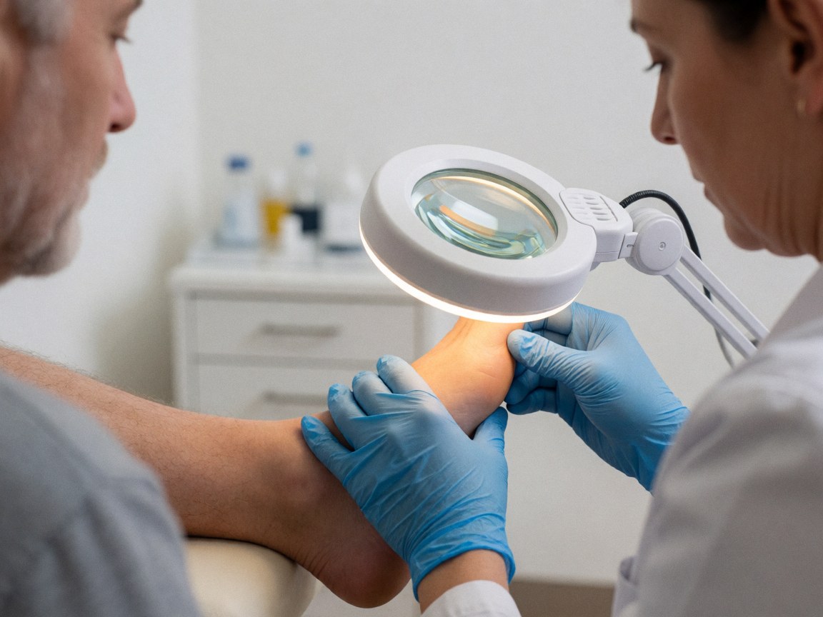 Un podologue portant des gants bleus examine attentivement le pied d'un patient à l'aide d'une loupe médicale dans un cabinet médical éclairé de manière ciblée.