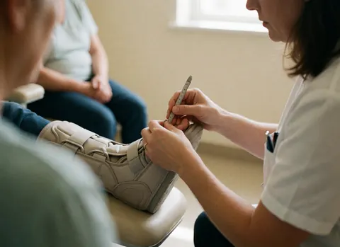 Un professionnel en uniforme mesure une chaussure beige avec un outil dans une clinique aux murs clairs et à la lumière naturelle.