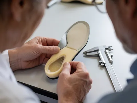 Semelle de chaussure en gel et mousse ajustée avec un calibreur dans un atelier de podologie.