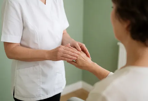 Un thérapeute en uniforme blanc applique un massage des mains à un client assis devant un mur vert, baigné de lumière naturelle dans le cadre d'un service de bien-être.