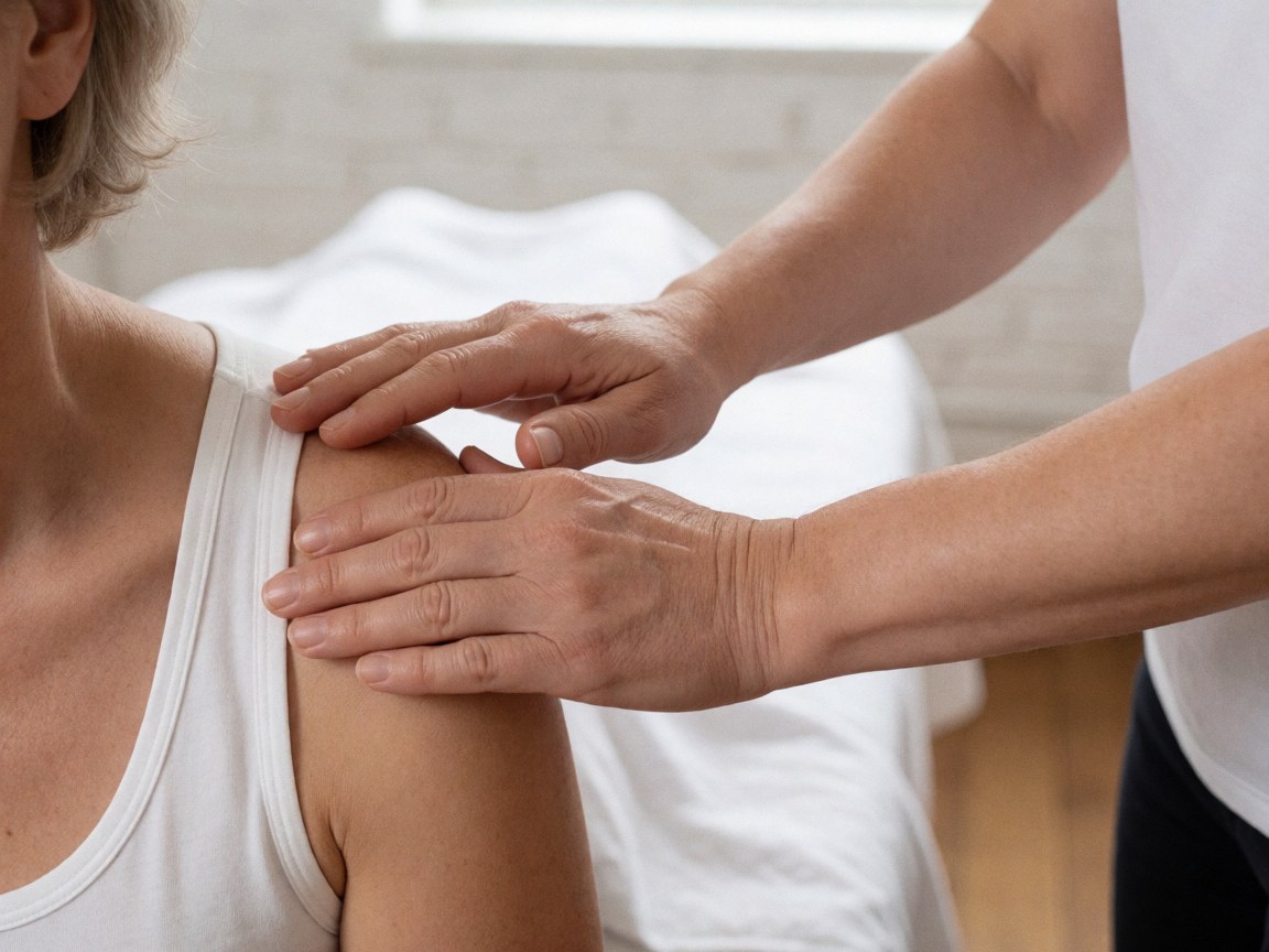 Des mains massant une épaule, fond en briques blanches, vêtements clairs, éclairage lumineux pour centre de thérapie.