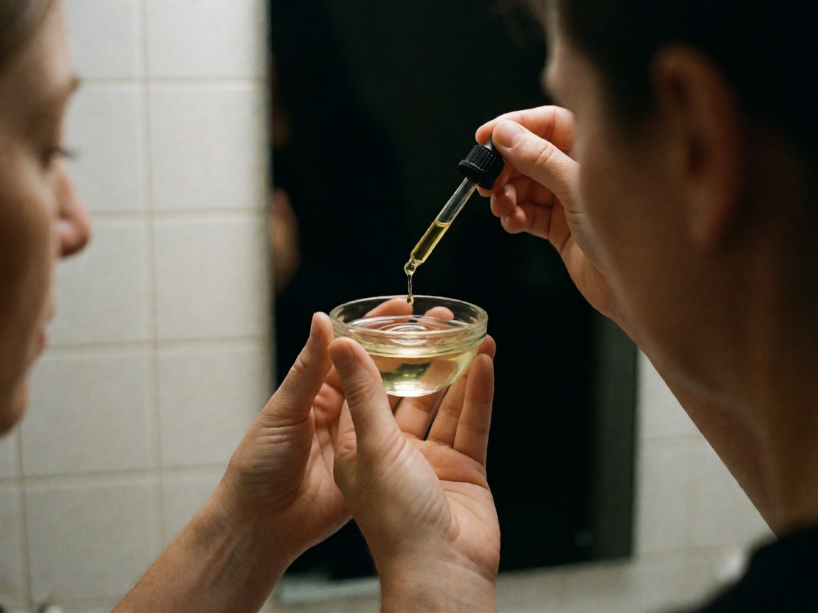 Des mains versent des gouttes d'huile essentielle dans un bol d'eau, illustrant un service d'aromathérapie en cours.