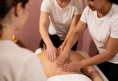 Trois thérapeutes appliquent du sel rose sur le dos d'un client allongé sur une table de massage dans un salon aux murs rosés.