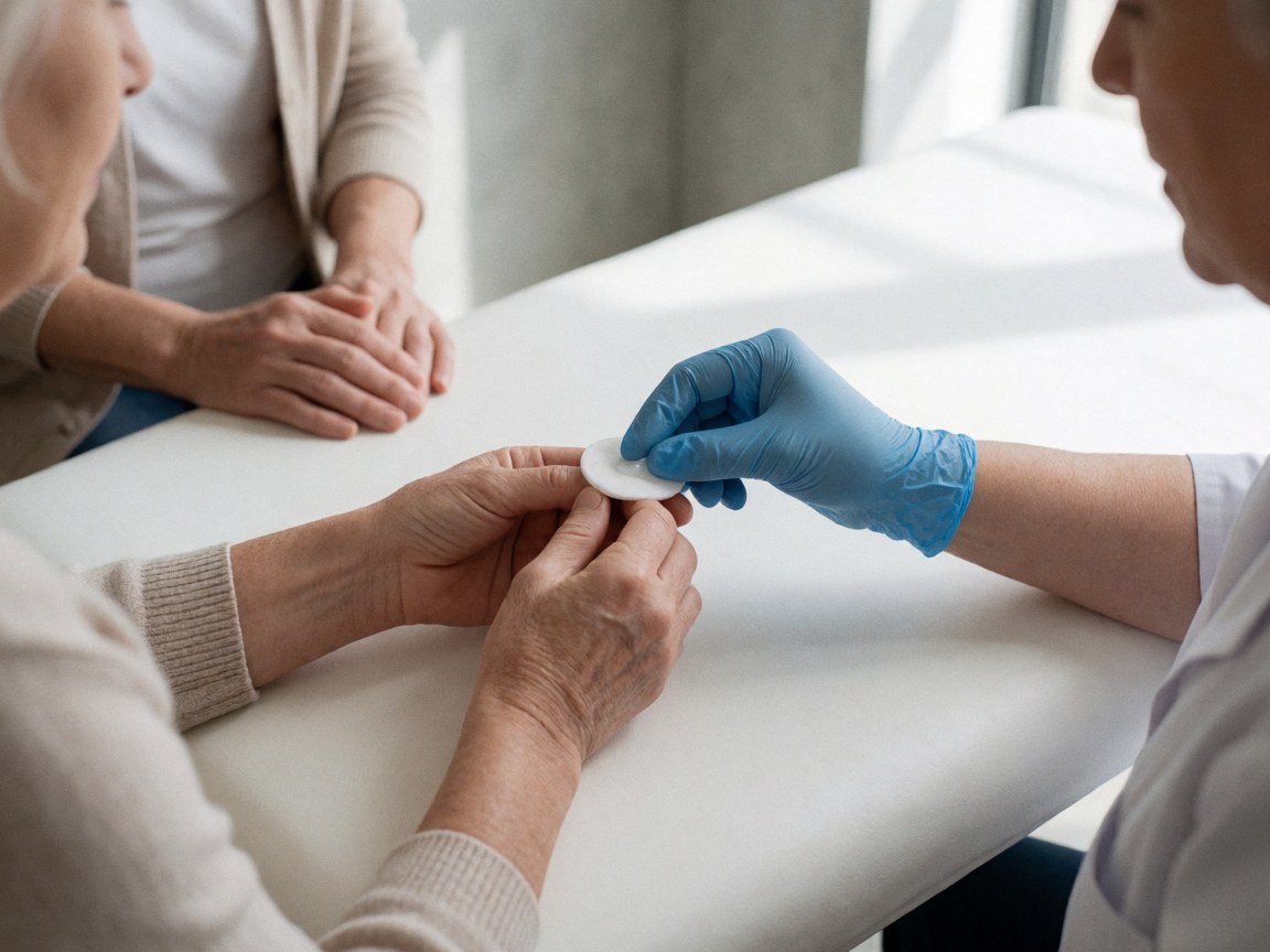Un podologue portant un gant bleu applique du gel sur le pied d'un patient posé sur une table blanche dans un cabinet de soins.