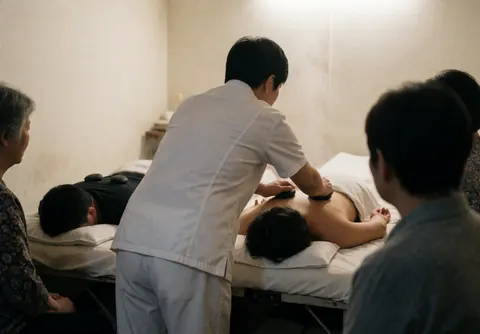 Un professionnel place des pierres chaudes sur le dos d'un client allongé sur une table dans un spa calme avec de la vapeur.