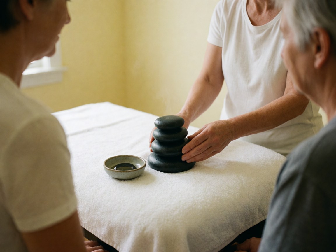 Thérapeute posant des pierres chaudes sur une serviette blanche avec de l'huile essentielle dans un salon de massage aux murs jaunes.