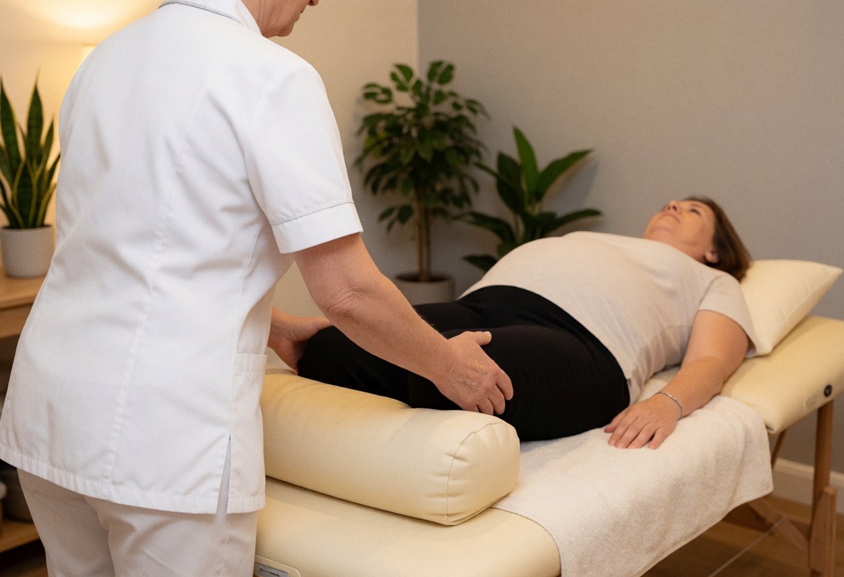 Un thérapeute ajuste un coussin sous le genou d'une cliente enceinte dans une salle de reflexologie éclairée par une lumière chaude.