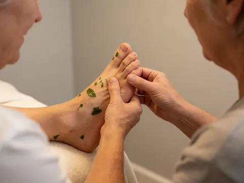Thérapeute effectuant un massage du pied avec des feuilles et de l'huile dans un salon de reflexologie aux murs gris clair.