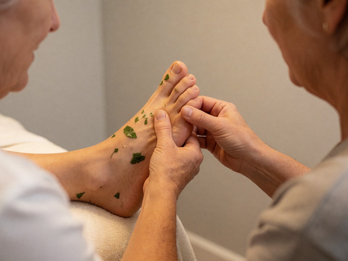 Thérapeute effectuant un massage du pied avec des feuilles et de l'huile dans un salon de reflexologie aux murs gris clair.